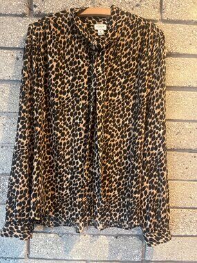 J.Crew Leopard Print Long-Sleeve Bow Blouse Womens L Polyester
